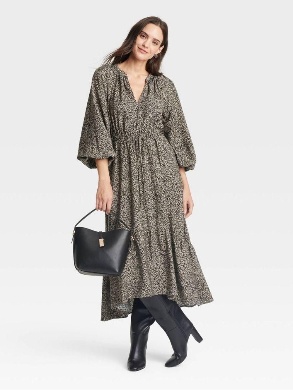 A NEW DAY NWT XL Balloon Long Sleeve Tiered Midi Dress Leopard Animal Print